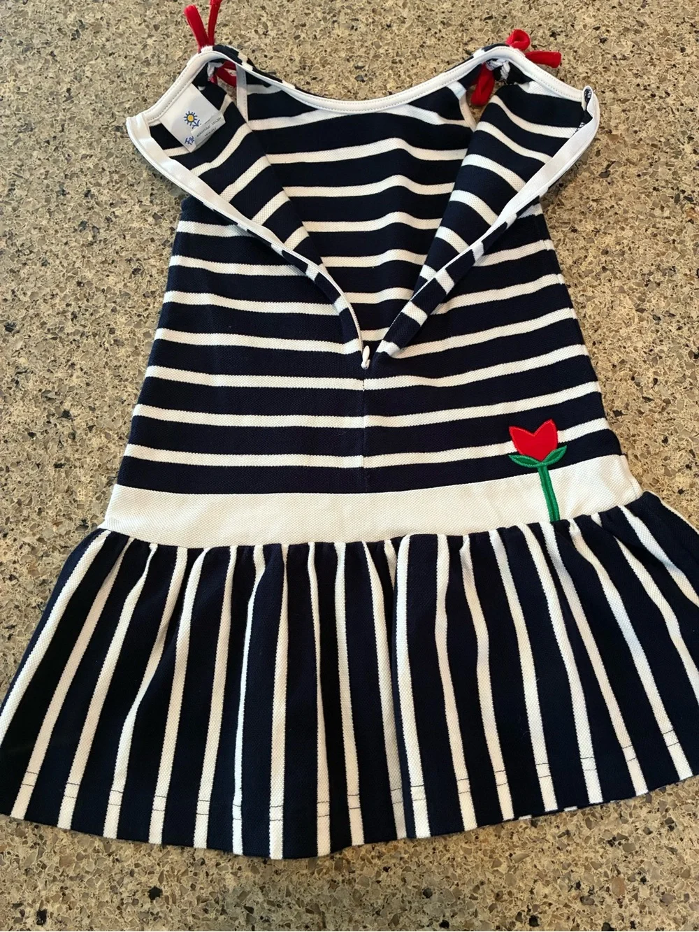 3T Florence Eiseman Navy and White Striped Tank Dress with Red Tulips